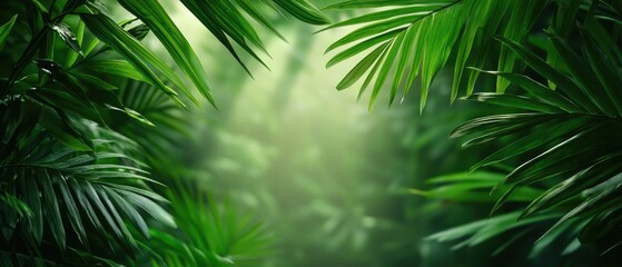 Lush green foliage creates a serene, tranquil atmosphere, inviting exploration into a vibrant jungle landscape.
