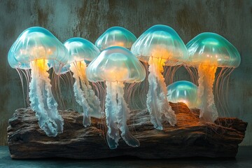 Glowing jellyfish art installation on driftwood, ethereal and captivating.
