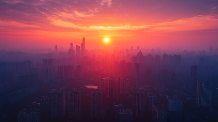 Fototapeta premium A breathtaking sunrise over a sprawling city skyline with towering buildings and vibrant colors filling the sky