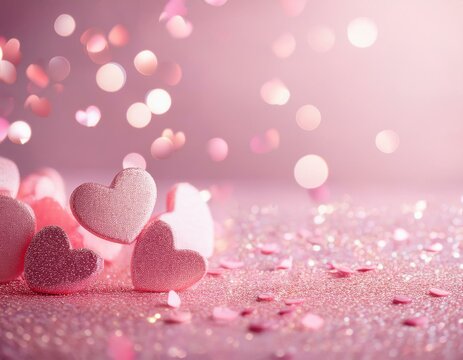 Abstract background with pale pink glitters and pink heart confetti on selective focus with copy space. Generated image