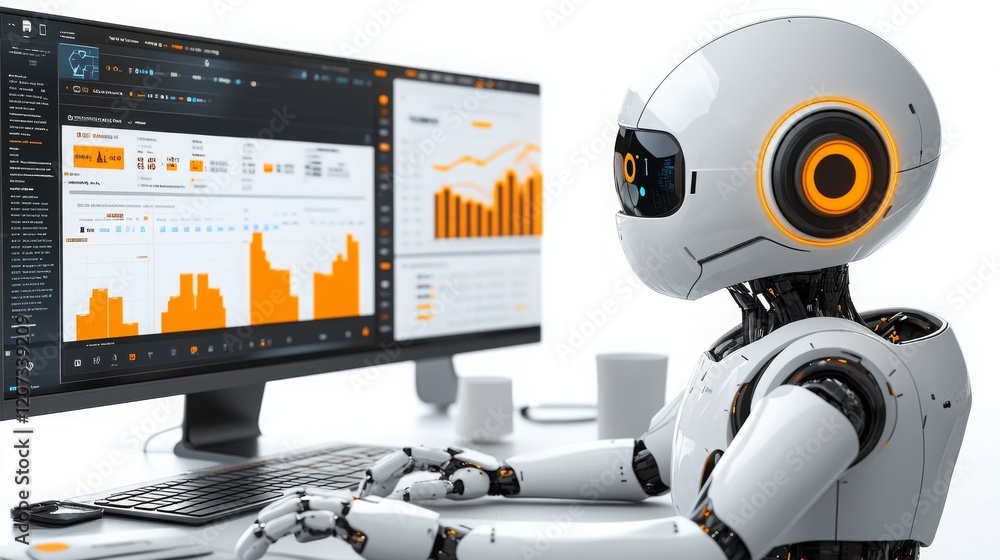 Poster ai and machine learning model analyzing data trends on a desktop computer in a modern workspace