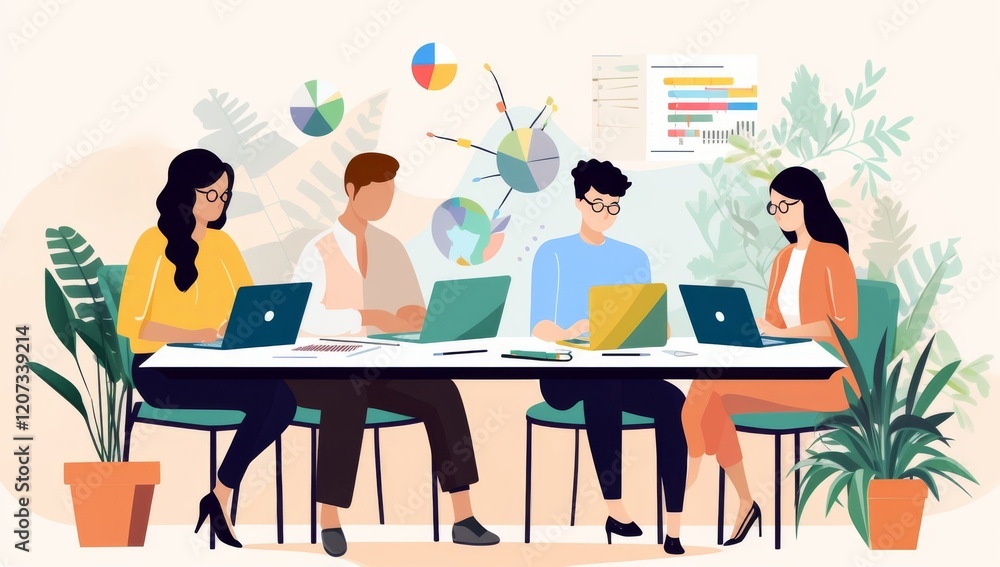 Poster a team of four professionals collaborating on a project in a modern office setting