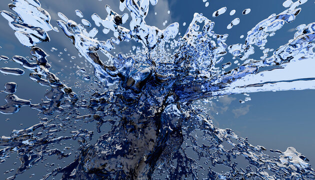 Dynamic splash of clear water against a blue sky