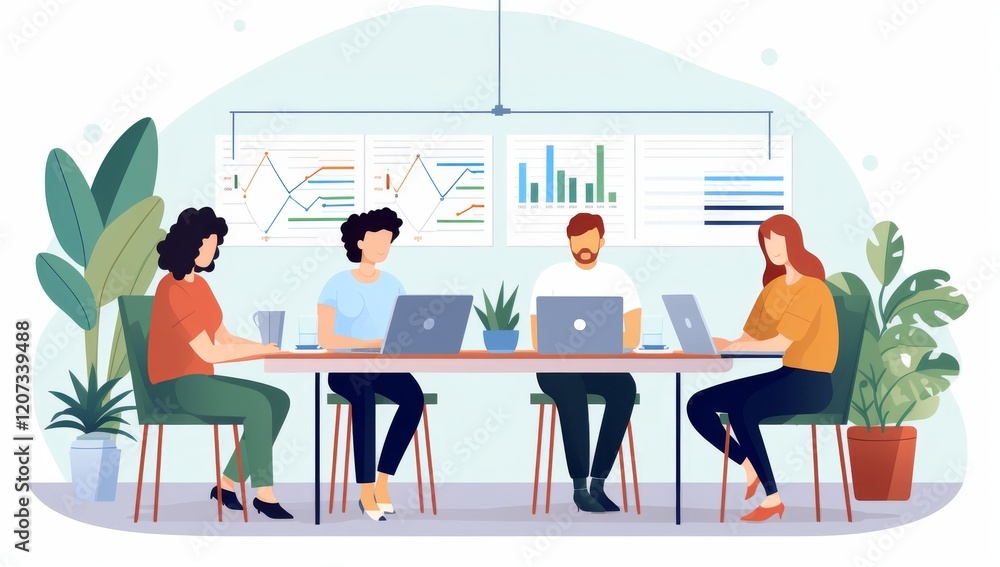 Poster teamwork in a modern office setting: collaborative data analysis and project management