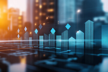 abstract city background - double exposure with data chart 