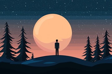Naklejka premium A solitary figure stands on a hill, gazing at a large moon surrounded by starry skies and silhouetted pine trees.
