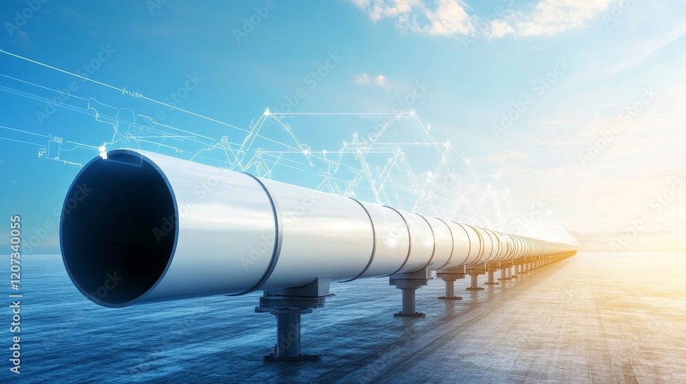 Aufkleber long and smooth pipeline extending into a bright horizon with digital connections and clouds in the 
