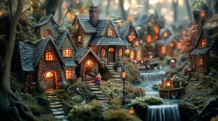 Fototapeta premium Gnome village with houses, water mill and lantern in forest. Summer woods landscape with trees, fantasy buildings and watermill with wooden wheel, vector cartoon illustration