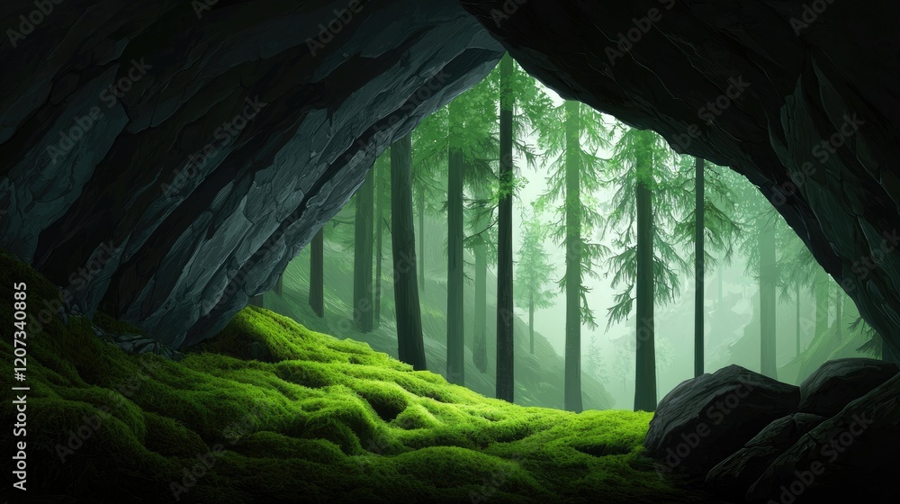 Poster a tranquil cave view revealing a lush green forest, illuminated by soft light, creating a serene and
