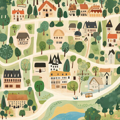 Kids Town Map Illustration in Retro Style