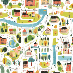 Map Illustration Seamless Pattern in Retro Style