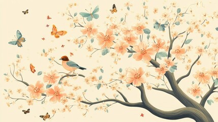 Peach blossoms, bird, butterflies, Asian art, wall decor