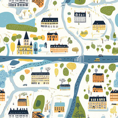 Map Illustration Seamless Pattern in Retro Style