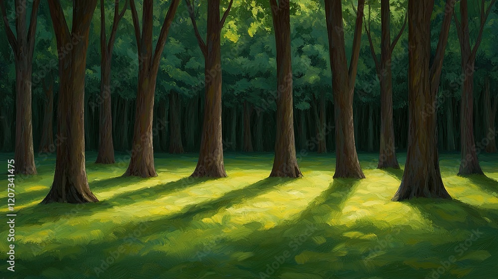 Poster a serene forest scene with tall trees casting long shadows over a lush green carpet of grass, illumi