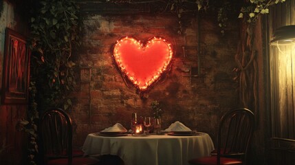 Romantic candlelit dinner setting with glowing heart decoration