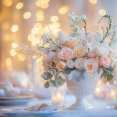 Elegant Wedding Table Setting Romantic Centerpiece with Bokeh Lights