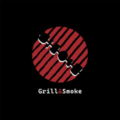 Grill and Smoke logo. BBQ grill with food on the skewer