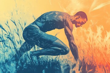 A muscular man in a runner's stance, amidst tall grass, bathed in warm, sunset light.