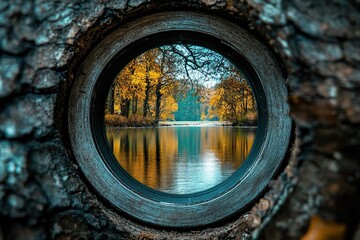 Scenic Autumn Landscape Framed by Hollow Tree Trunk