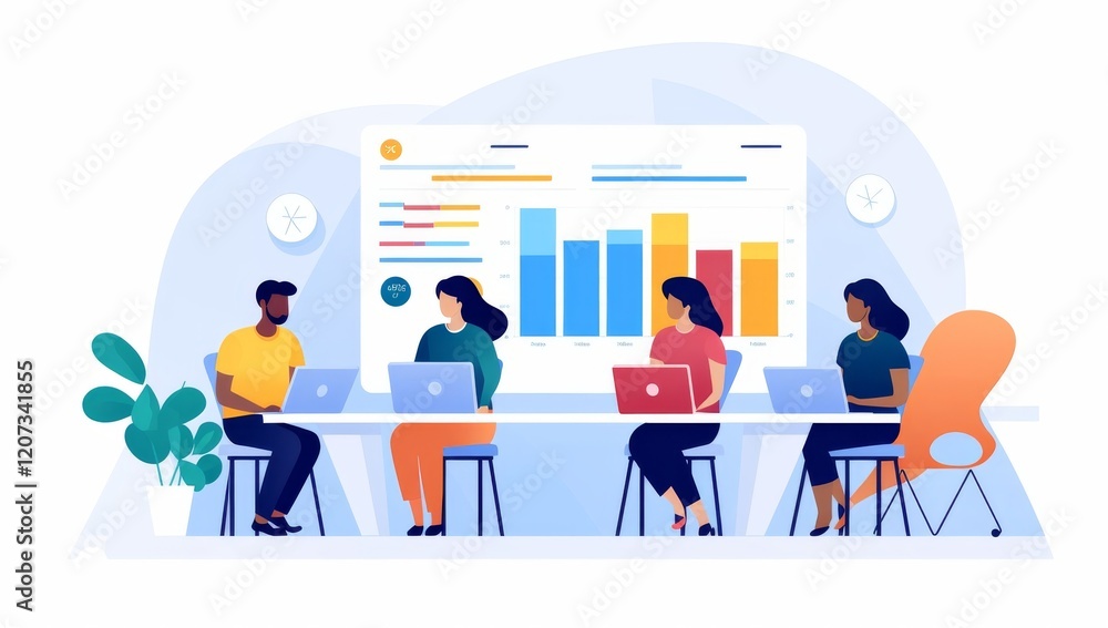 Poster diverse team analyzing business data on laptop computers