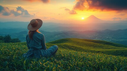 Fototapeta premium Serene Sunset Over Tea Plantation with Woman in Hat