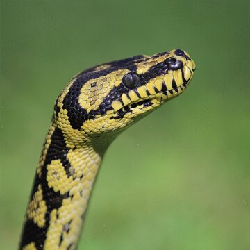 Carpet Python Close-Up: Detailed image of a carpet python, showcasing its textured scales and intense gaze, ideal for reptile lovers and educational content.
