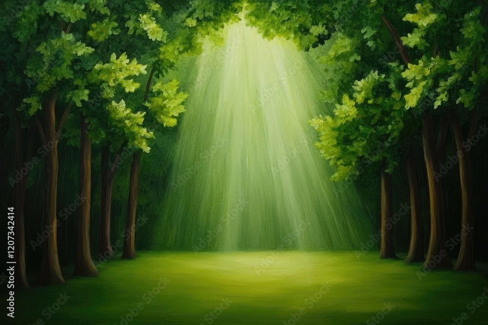 Poster a serene forest scene with sunlight filtering through trees, creating a peaceful and tranquil ambian