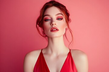 Fototapeta premium Beautiful irish woman in deep neckline red dress with creative makeup and hairstyle, fashion model portrait on pink background