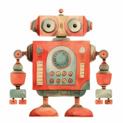 Fototapeta premium Adorable Vintage Red Robot Illustration Watercolor Style Retro Toy Childrens Book Cartoon Character