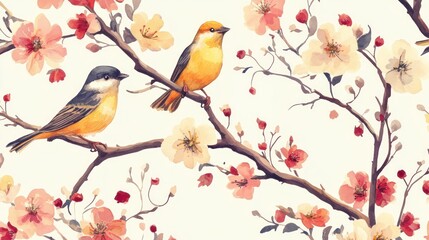 Fototapeta premium Watercolor birds on blossoming branch, floral pattern, spring design