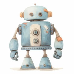Fototapeta premium Adorable Vintage Blue Robot Illustration Retro Mechanical Toy Watercolor Painting Childish Design