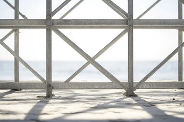 Metal framework against a bright, blurred seascape. Minimalist architectural detail.