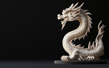Obraz premium Elegant white dragon statue on dark background.