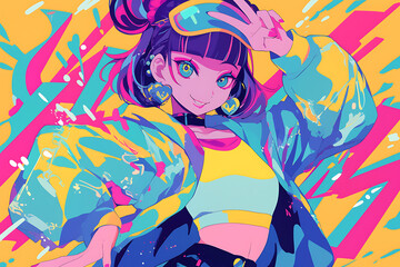 A vibrant digital illustration of a stylish girl in colorful streetwear, posing playfully against a bright abstract background