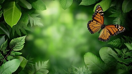 A vibrant butterfly perches among lush green foliage, creating a serene and natural scene filled with life.