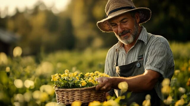 Farmer harvesting fresh flowers in a sunny rural field
