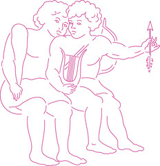 Gemini zodiac line drawing. Two cupids silhouette illustration