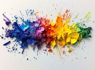 Colorful powder explosion on a white background, with a vibrant rainbow color palette