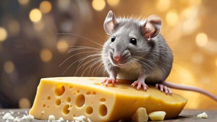 Fototapeta premium Adorable Rat with peace of cheese for World Rat Day: Curious Rodent Exploring in a Cozy Indoor Setting