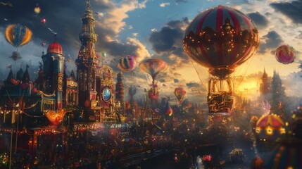 Fototapeta premium Whimsical Fantasy City at Sunset with Hot Air Balloons