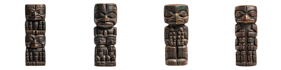 Variety of intricately carved wooden tiki idols totem poles and tribal figurative sculptures in traditional Polynesian Maori Aztec and African styles