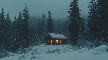 Winter Storm at Cabin in Snowy Forest. Blizzards and Gusty Winds Blanket the Landscape
