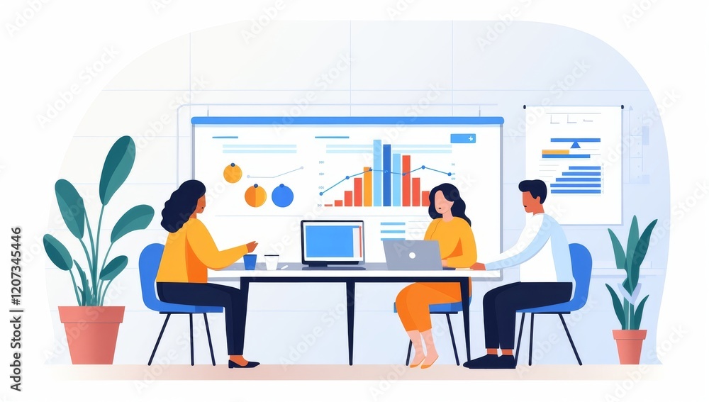 Poster business team analyzing data charts and graphs during a meeting