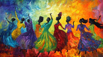 A vibrant celebration of women in colorful dresses