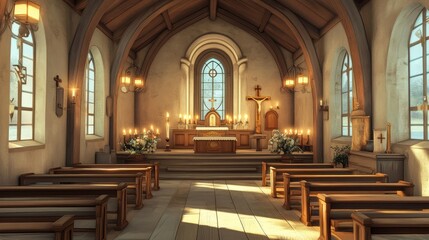 Fototapeta premium Catholic church interior with altar, wooden benches, tall arch window and candles. Vector cartoon illustration of cathedral inside, old room for religious praying with pulpit for priest
