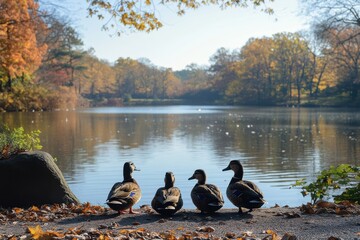 Fototapeta premium Families enjoy a sunny day at the park while children watch ducks swimming on a lake