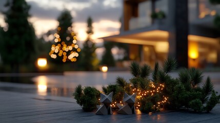 Serene Evening at Modern Home with Festive Lights