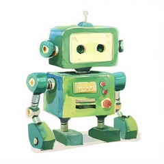 Adorable Green Retro Robot Cartoon Illustration Watercolor Style Childish Design