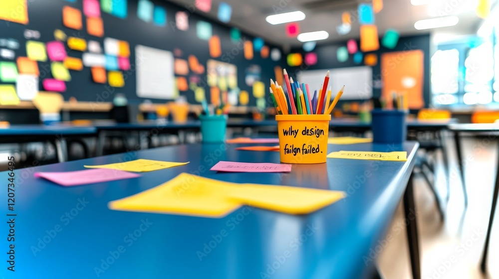 Poster vibrant classroom environment with focus on creative learning and design concepts