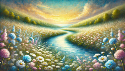 希望に満ちた春の小川と草花のハーモニー。
癒しと安らぎを届ける春の風景。
解放感を表現した空と大地。
色彩が織りなす幸福のパノラマ。
喜びと希望を描いた色鮮やかな風景。
Generated by AI.
